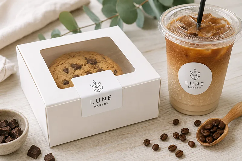 สติ๊กเกอร์ติดกล่องคุกกี้และแก้วกาแฟ Stickers on a cookie box and coffee cup